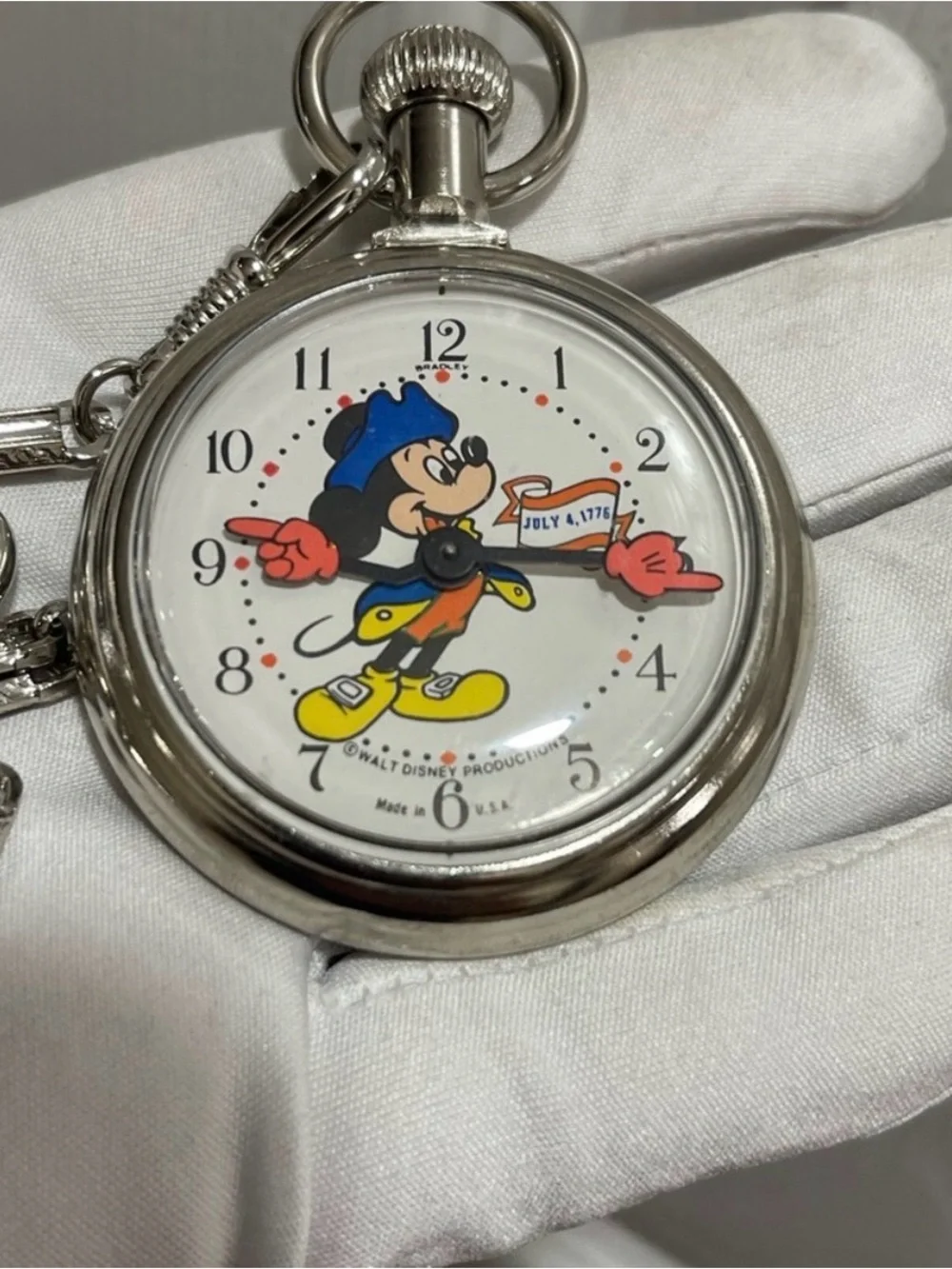 Disney Mickey Mouse Silver Pocket Watch with Red, Blue, Yellow Accents